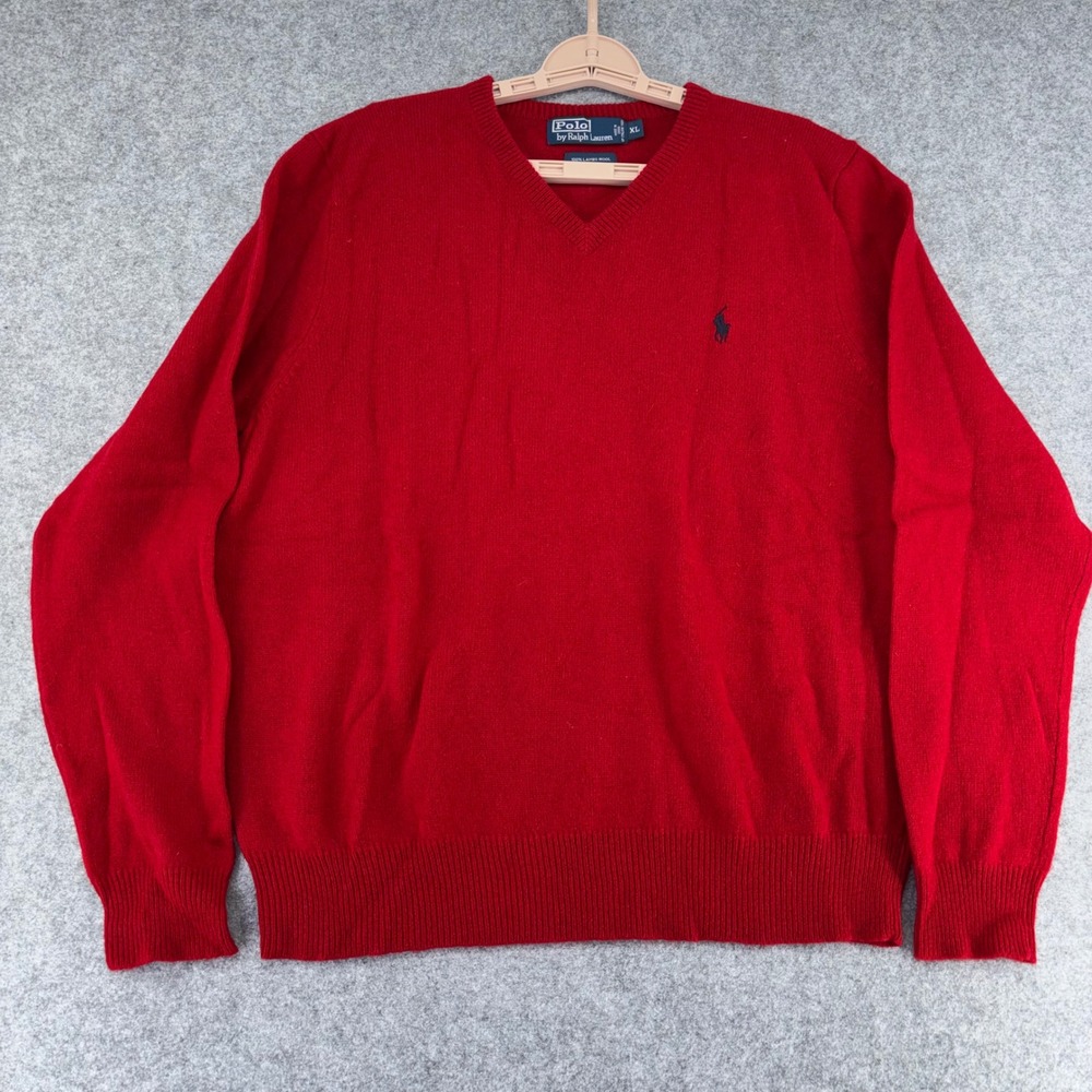 VTG Polo Ralph Lauren Men XL Red 100% Lambswool V-Neck Sweater Italian Yarn Pony